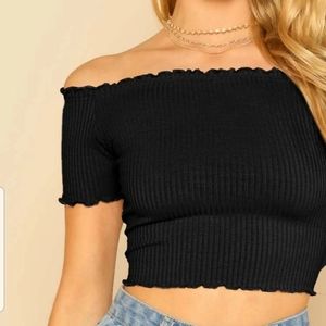 Black ribbed short sleeve bardot top